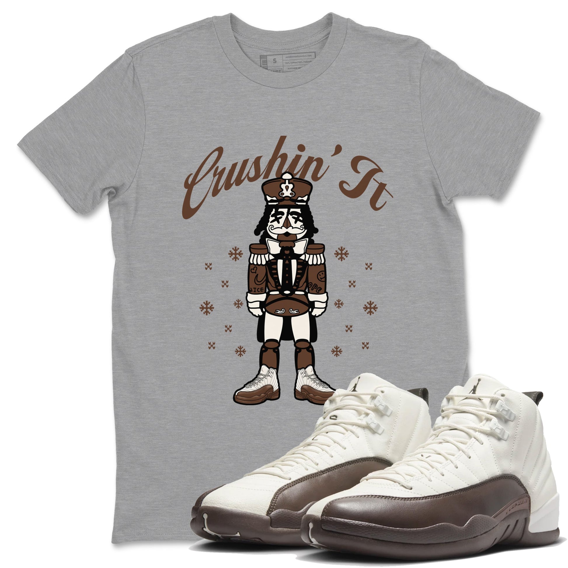 AJ12 Baroque Brown shirts to match jordans Crushin' It best t shirts to wear with jordans SoleFly x Jordan 12 Baroque Brown match shoes to clothes SNRT Sneaker Tees unisex cotton Heather Grey 1 shirts