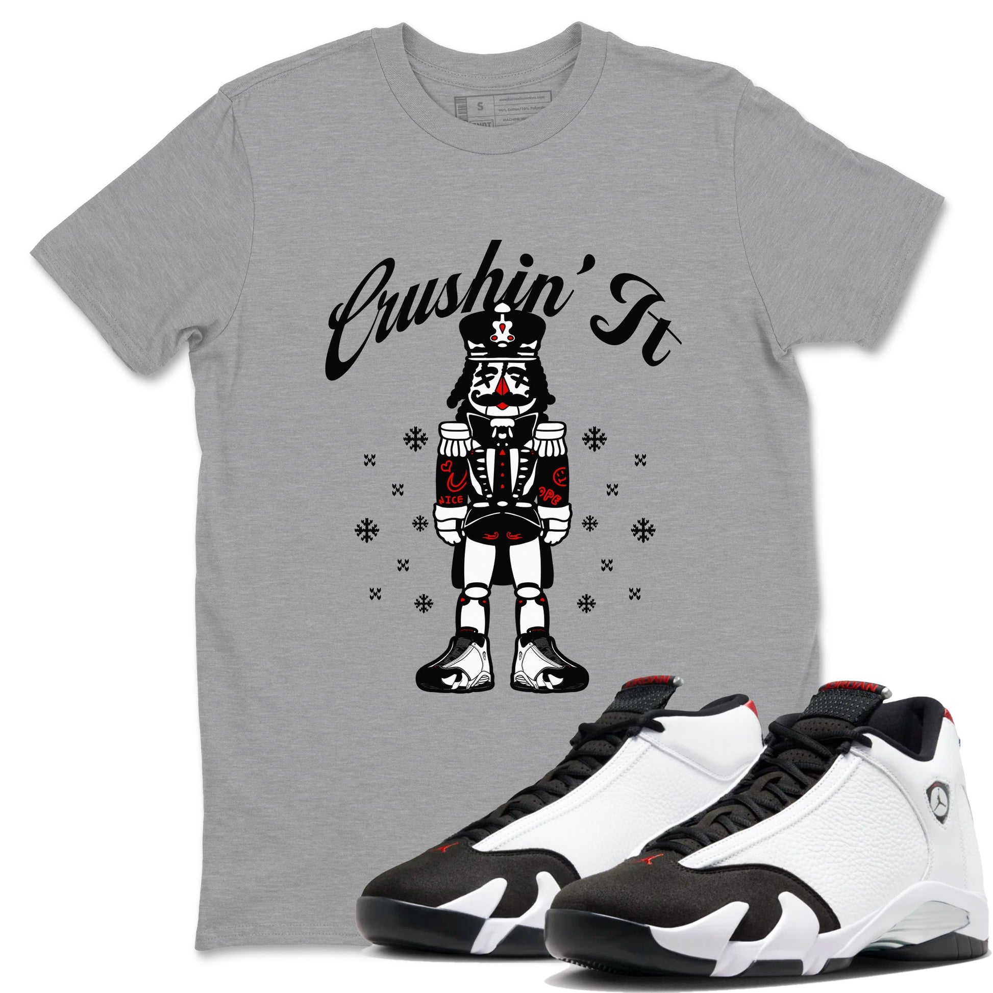 14s Black Toe shirts to match jordans Crushin' It t shirts to match sneakers Air Jordan 14 Retro Black Toe match shoes to clothes SNRT Sneaker Tees unisex cotton Heather Grey 1 shirts