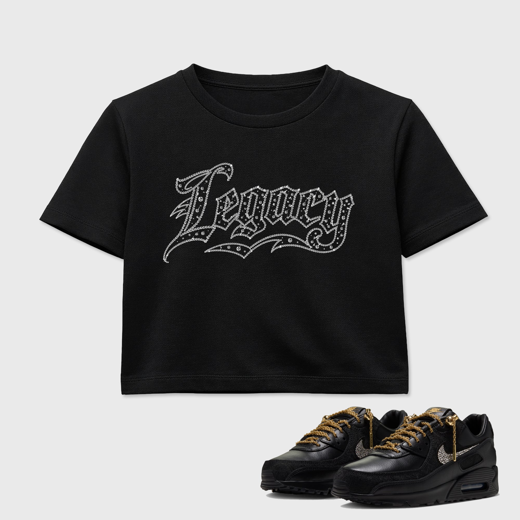Crystal Legacy women’s crop tee designed to match the Air Max 90 Trophies, featuring coordinated Black 1 options for a perfect streetwear vibe.