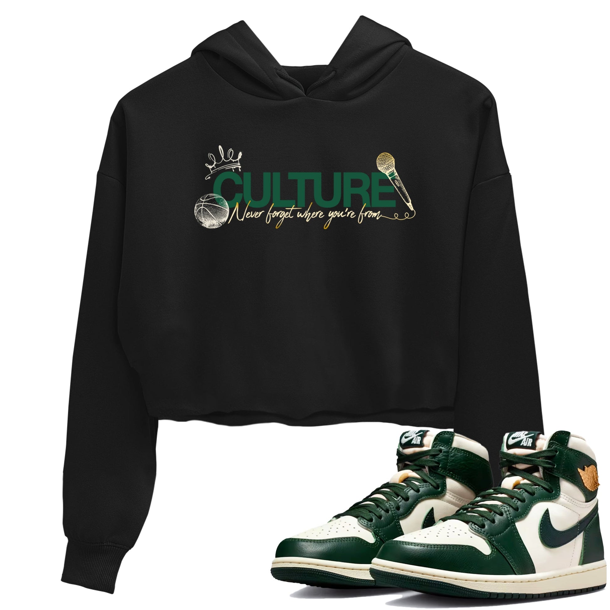 Sneaker Threads – Sneaker Tees To Match Air Jordan 1 Pro Green – Culture Crop Tee Black 1. Perfect for Jordan releases 2025 colorways.