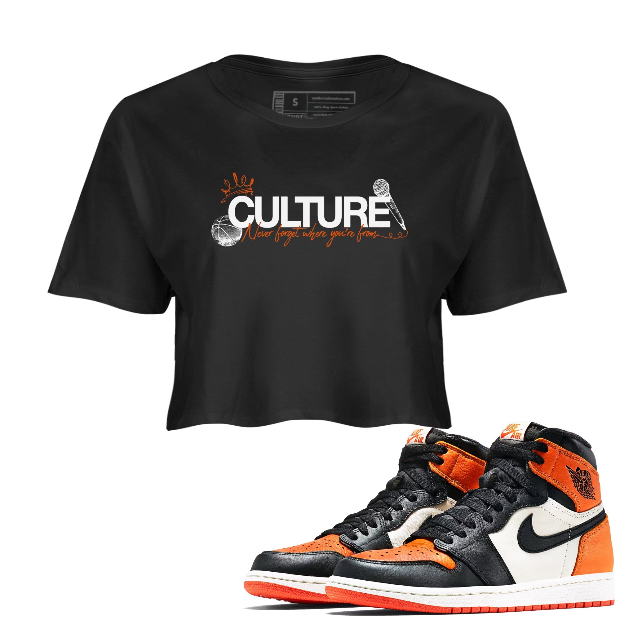 Culture womens crop tee made to vibe with the Air Jordan 1 Shattered Backboard sneakers — the perfect match in Black 1.