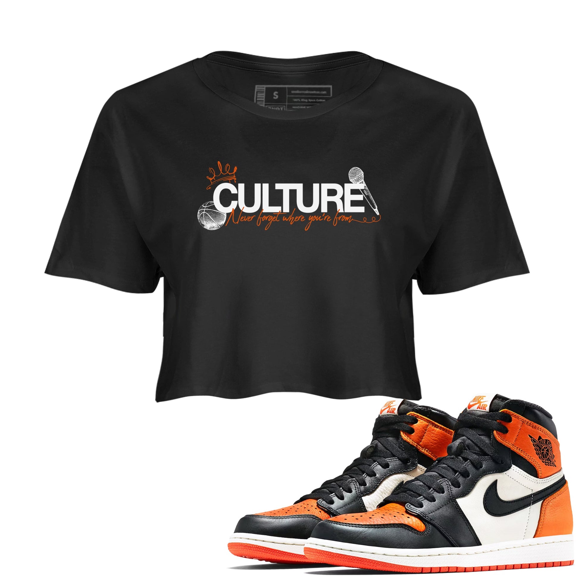 Culture womens crop tee made to vibe with the Air Jordan 1 Shattered Backboard sneakers — the perfect match in Black 1.