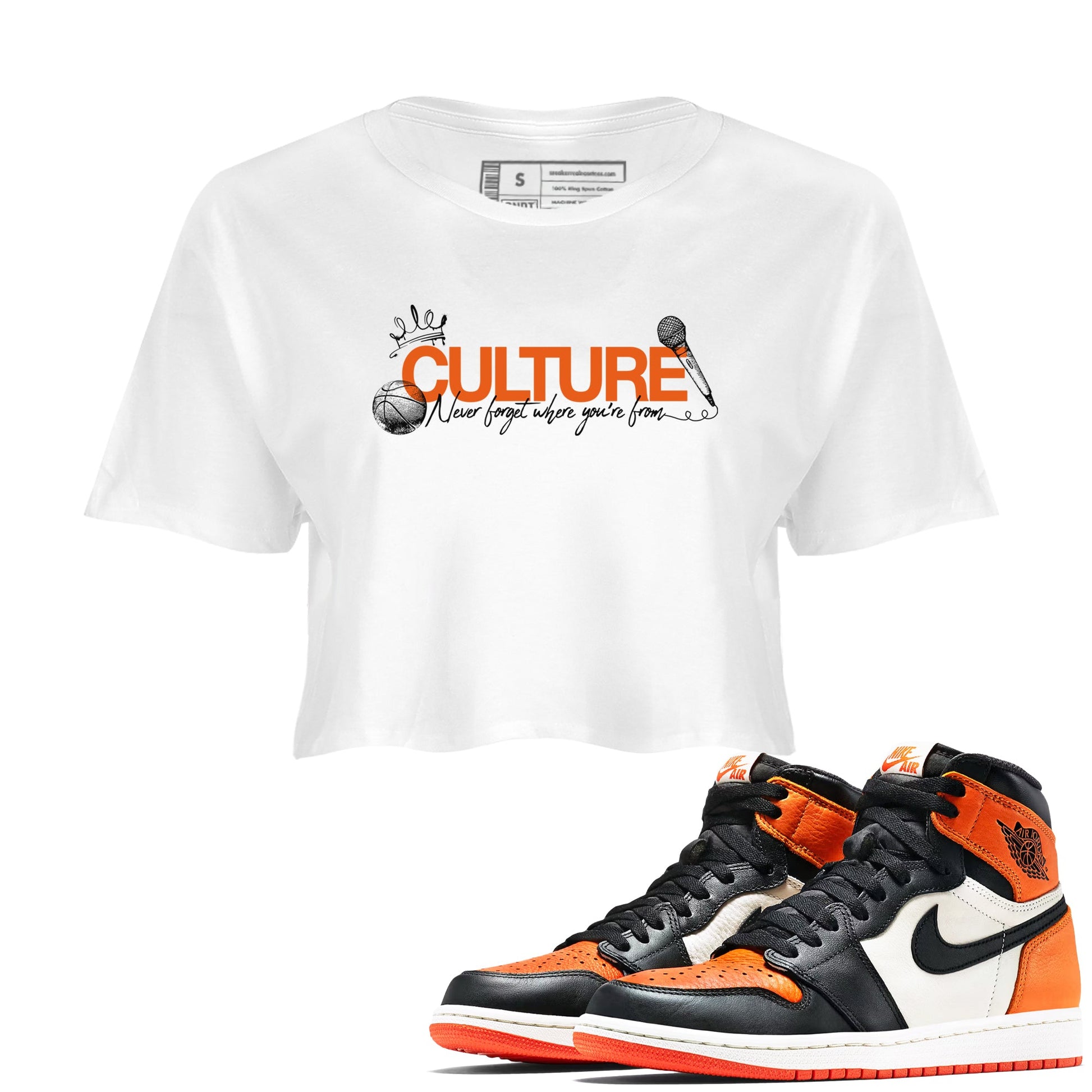 Culture womens crop tee made to vibe with the Air Jordan 1 Shattered Backboard sneakers — the perfect match in White 1.