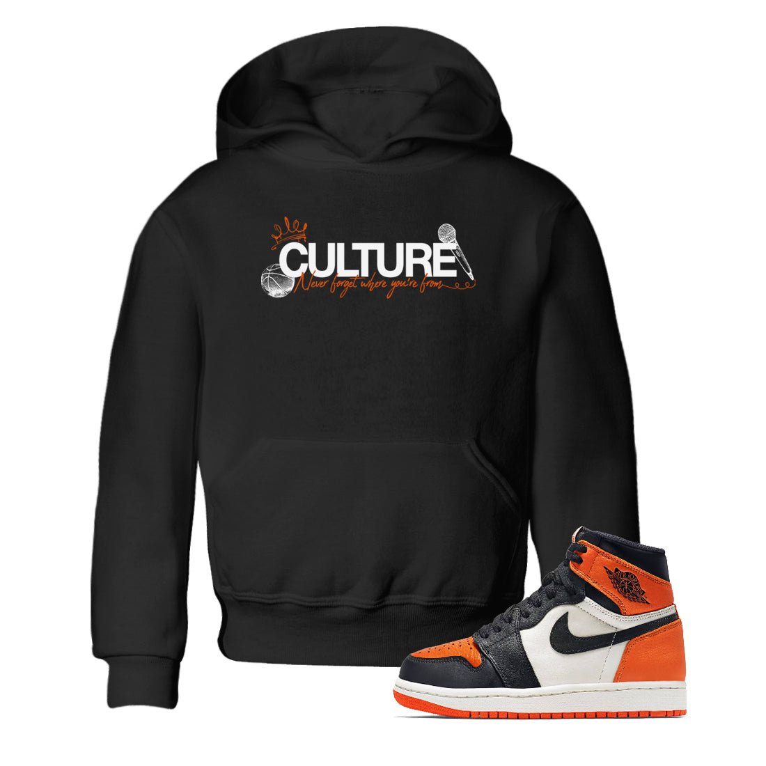 Culture baby and kids t-shirt crafted for little sneakerheads to shine with the Air Jordan 1 Shattered Backboard sneakers, displayed in Black 1.