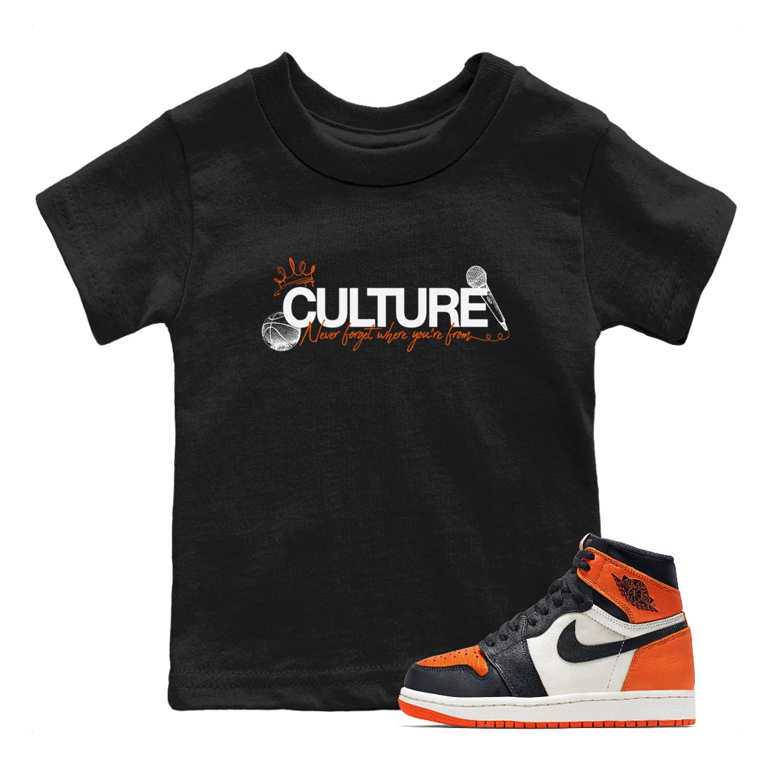 Culture baby and kids t-shirt crafted for little sneakerheads to shine with the Air Jordan 1 Shattered Backboard sneakers, displayed in Black 1.