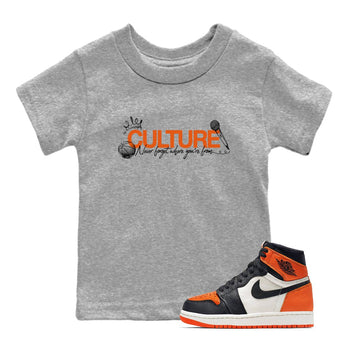 Culture baby and kids t-shirt crafted for little sneakerheads to shine with the Air Jordan 1 Shattered Backboard sneakers, displayed in Heather Grey 1.