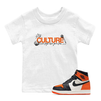 Culture baby and kids t-shirt crafted for little sneakerheads to shine with the Air Jordan 1 Shattered Backboard sneakers, displayed in White 1.