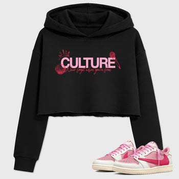 Perfect Sneakerhead Fashion Outfits – Sneaker Tees To Match Air Jordan 1 Low OG x Travis Scott Tropical Pink Shoes – Culture Graphic Crop Top Black 1