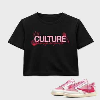 Perfect Sneakerhead Fashion Outfits – Sneaker Tees To Match Air Jordan 1 Low OG x Travis Scott Tropical Pink Shoes – Culture Graphic Crop Top Black 1