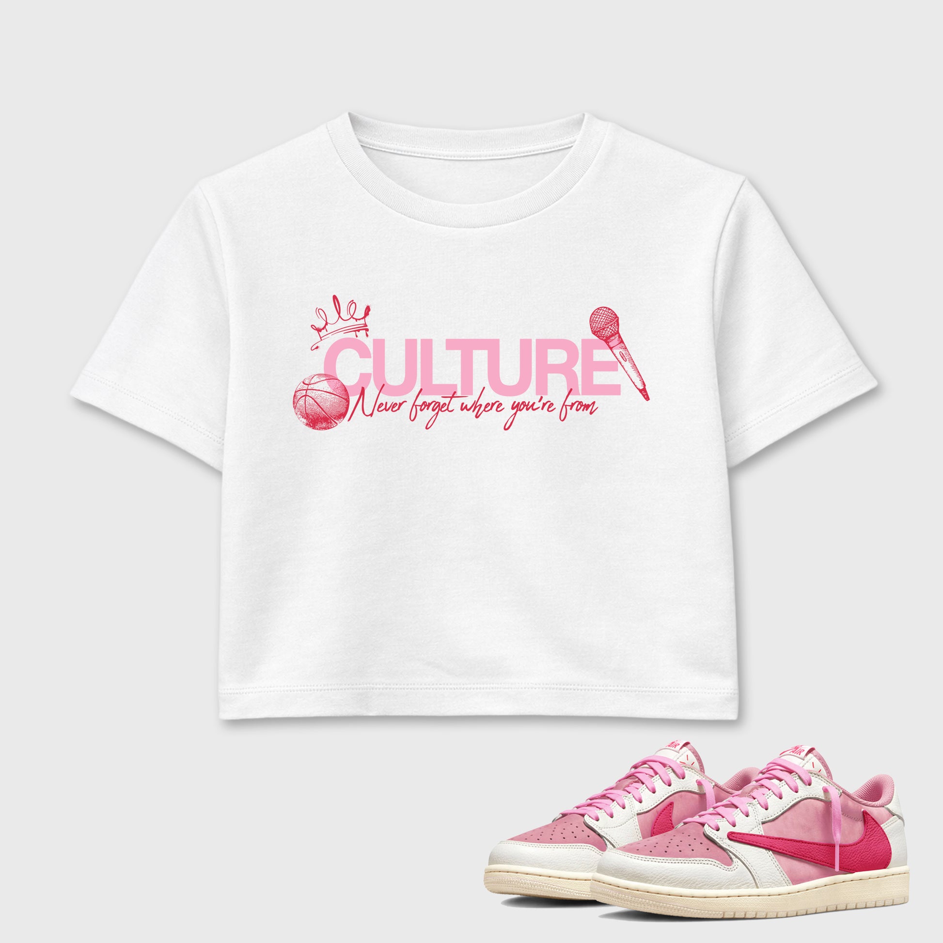 Perfect Sneakerhead Fashion Outfits – Sneaker Tees To Match Air Jordan 1 Low OG x Travis Scott Tropical Pink Shoes – Culture Graphic Crop Top White 1