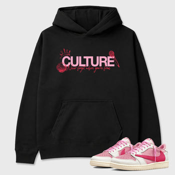 Perfect Sneakerhead Fashion Outfits – Sneaker Tees To Match Air Jordan 1 Low OG x Travis Scott Tropical Pink Shoes – Culture Graphic Tee Black 1