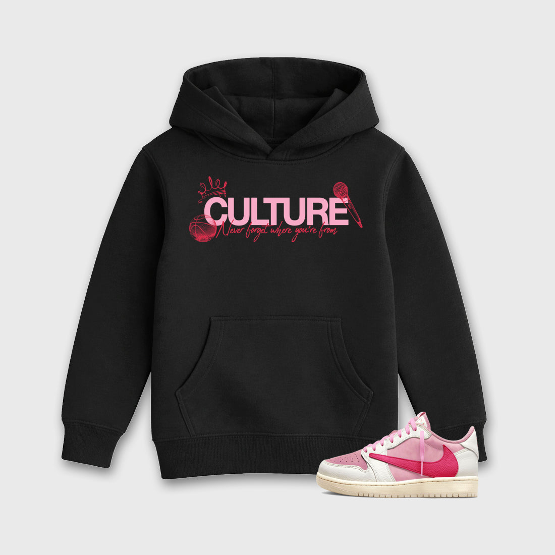 Perfect Sneakerhead Fashion Outfits – Sneaker Tees To Match Air Jordan 1 Low OG x Travis Scott Tropical Pink Shoes – Culture Kids Graphic T-Shirt Black 1