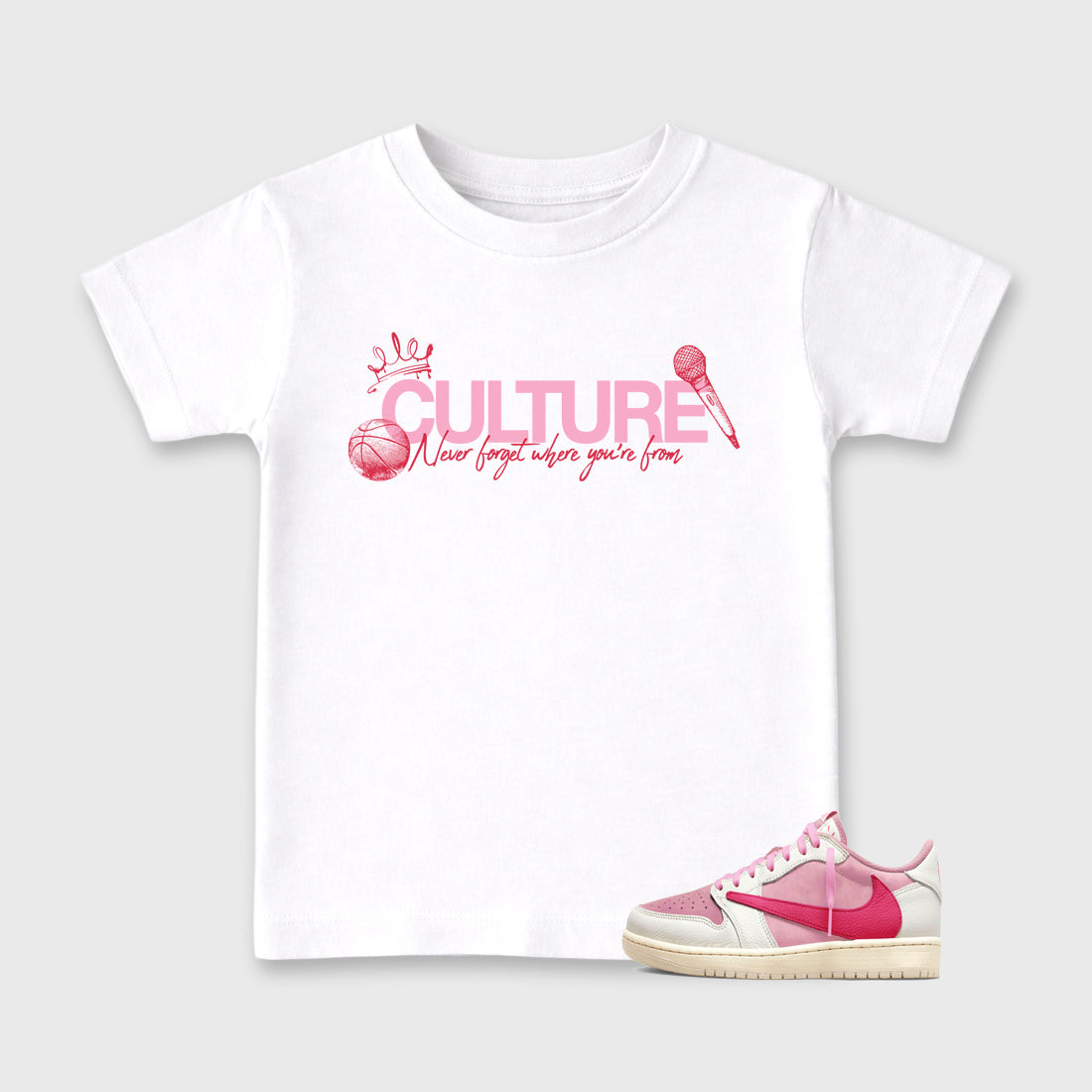 Perfect Sneakerhead Fashion Outfits – Sneaker Tees To Match Air Jordan 1 Low OG x Travis Scott Tropical Pink Shoes – Culture Kids Graphic T-Shirt White 1