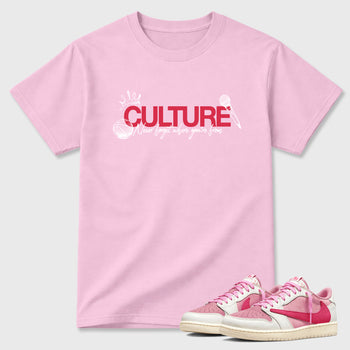 Perfect Sneakerhead Fashion Outfits – Sneaker Tees To Match Air Jordan 1 Low OG x Travis Scott Tropical Pink Shoes – Culture Graphic Tee Pink 1
