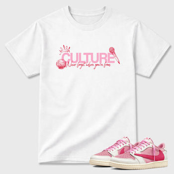 Perfect Sneakerhead Fashion Outfits – Sneaker Tees To Match Air Jordan 1 Low OG x Travis Scott Tropical Pink Shoes – Culture Graphic Tee White 1