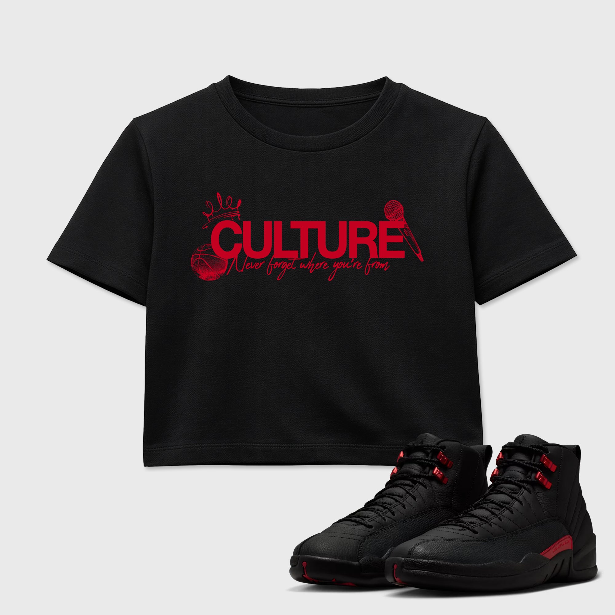 Culture women’s crop tee designed to match the Air Jordan 12 Bloodline, featuring coordinated Black 1 options for a perfect streetwear vibe.