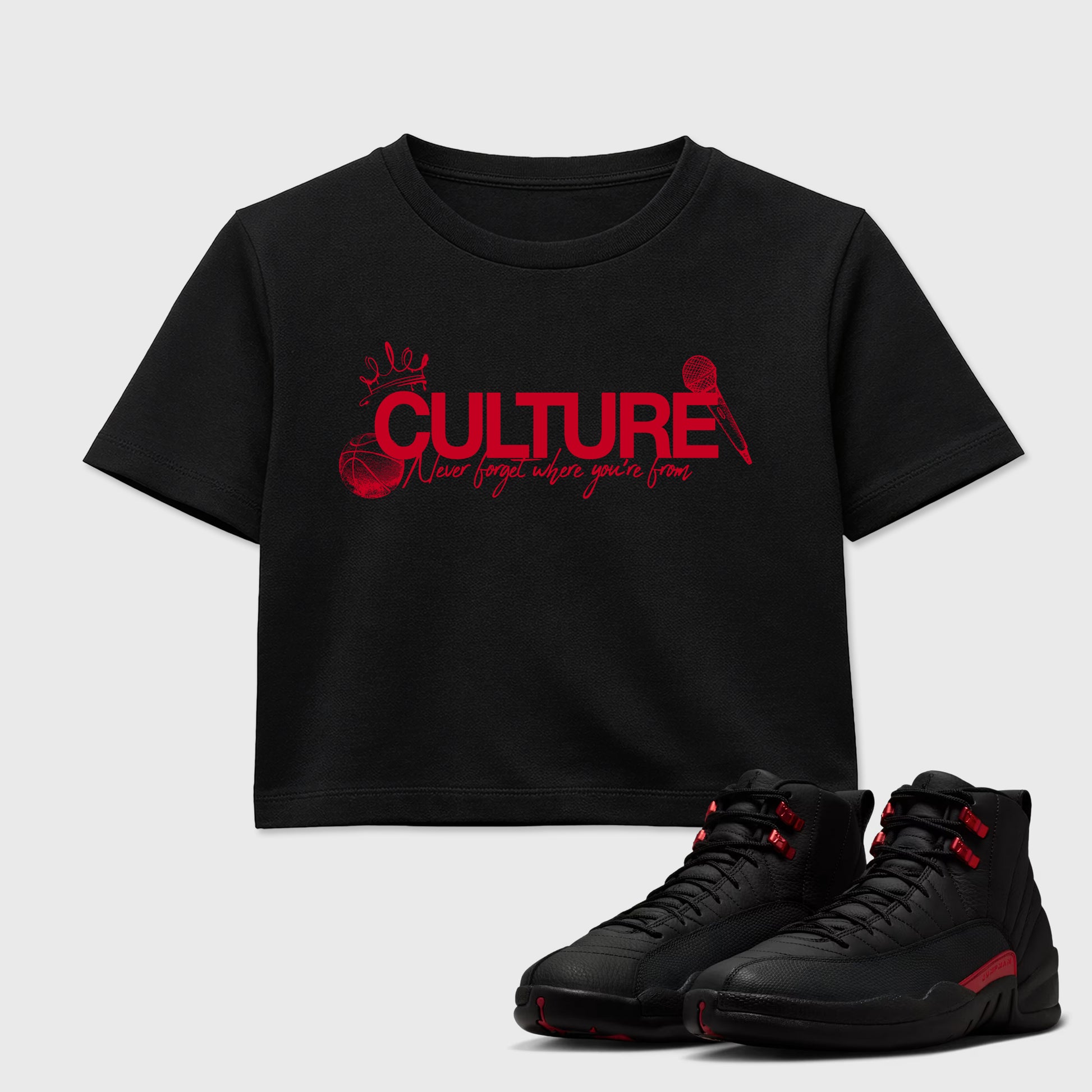 Culture women’s crop tee designed to match the Air Jordan 12 Bloodline, featuring coordinated Black 1 options for a perfect streetwear vibe.