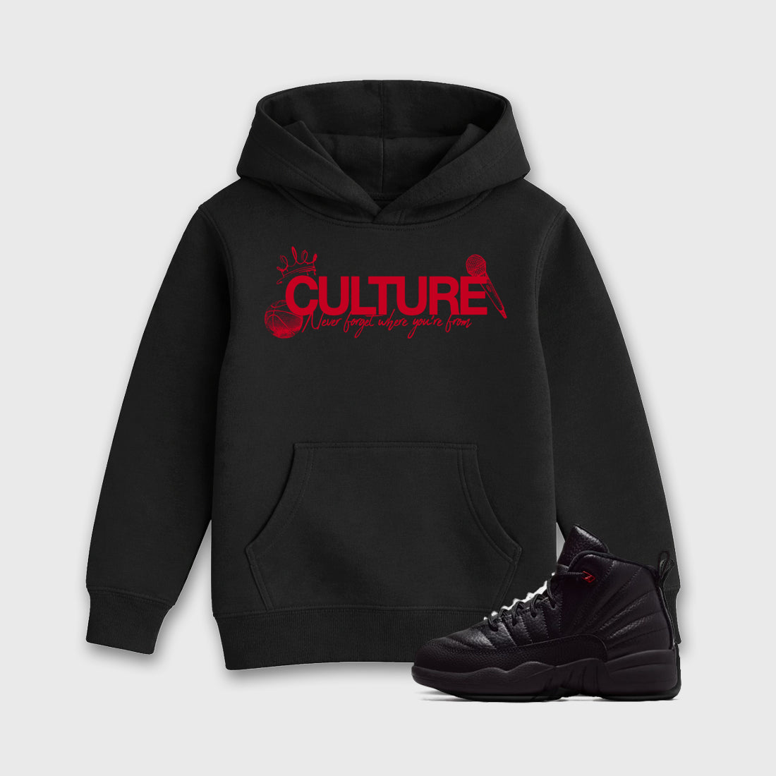 Culture affordable baby and kids t-shirt designed to match the Air Jordan 12 Bloodline, featuring coordinated Black 1 options for the perfect little sneakerhead streetwear look.