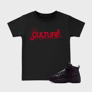 Culture affordable baby and kids t-shirt designed to match the Air Jordan 12 Bloodline, featuring coordinated Black 1 options for the perfect little sneakerhead streetwear look.