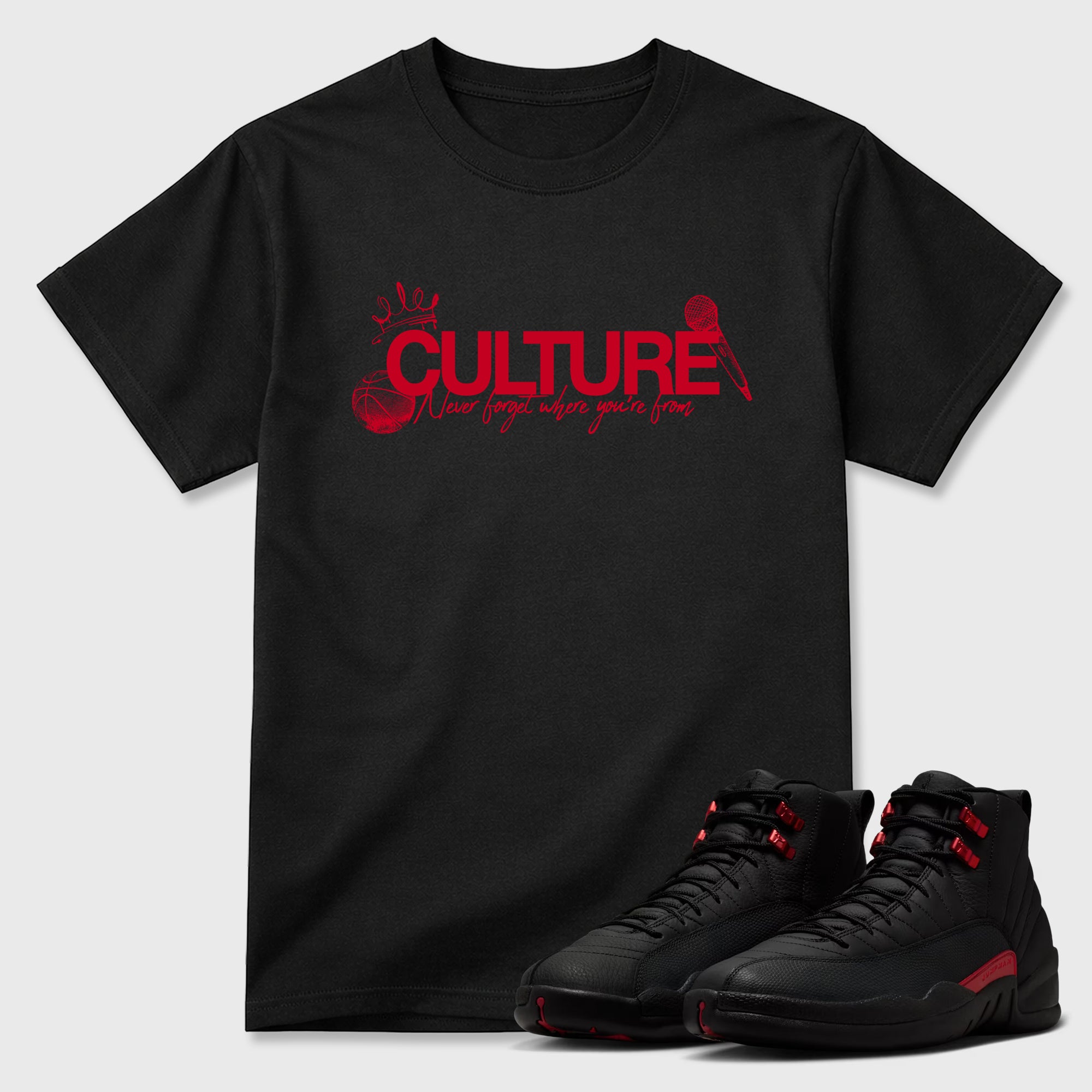 Culture Graphic T-Shirt sneaker match tee designed for the Air Jordan 12 Bloodline, featuring coordinated color options for a perfect streetwear match. Black 1 shirt.