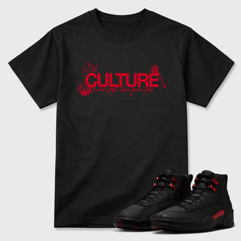 Culture Graphic T-Shirt sneaker match tee designed for the Air Jordan 12 Bloodline, featuring coordinated color options for a perfect streetwear match. Black 1 shirt.