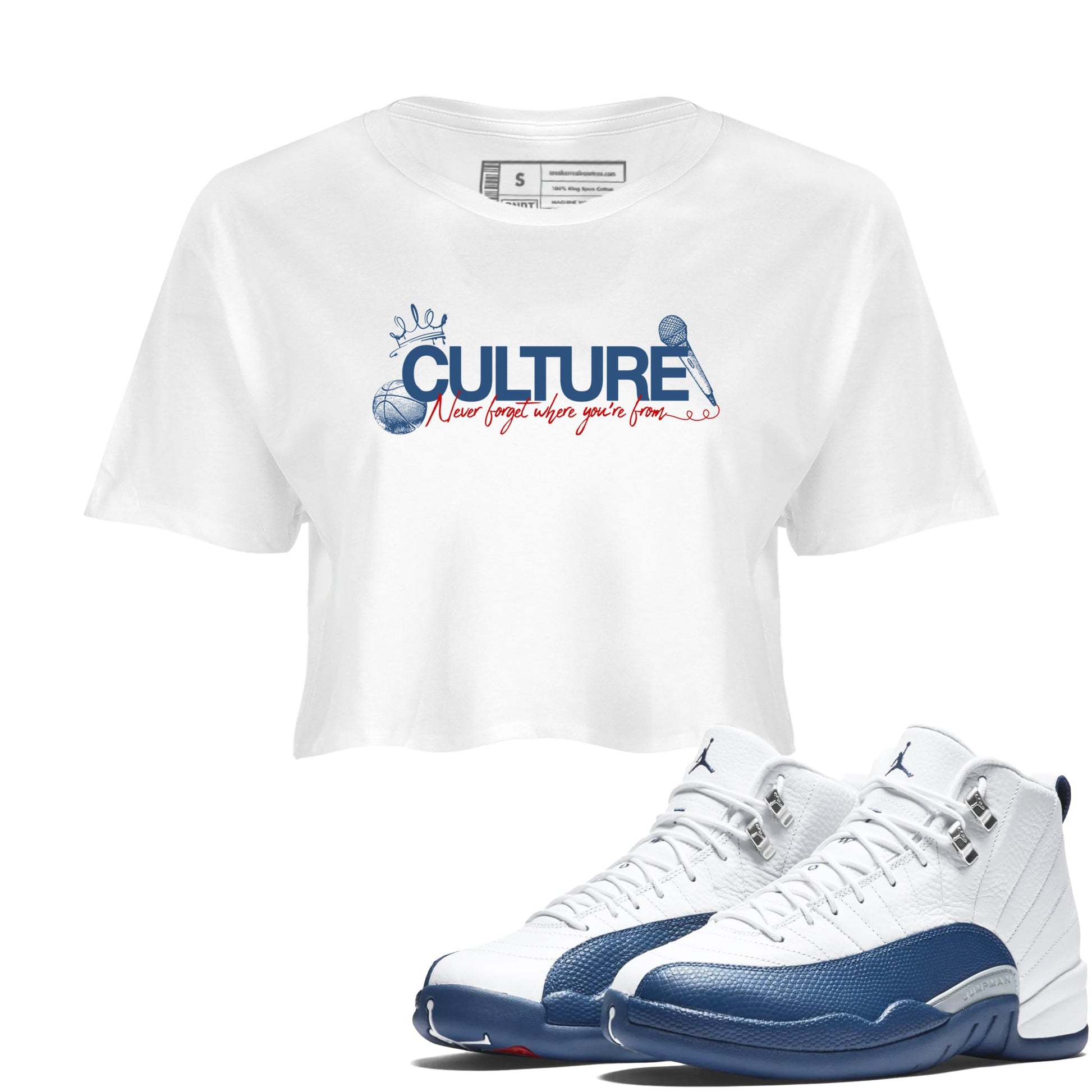 Culture womens crop tee made to vibe with the Air Jordan 12 French Blue sneakers — the perfect match in White 1.