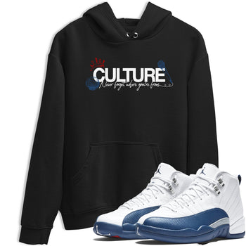Culture sneaker match t-shirt styled to complete your fit with the Air Jordan 12 French Blue sneakers, shown in Black 1.