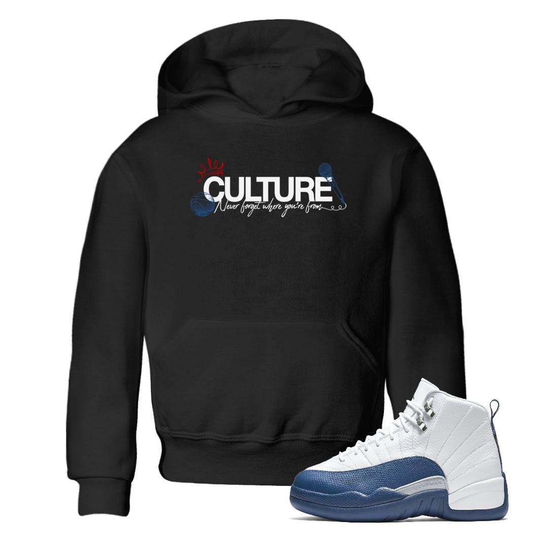Culture baby and kids t-shirt crafted for little sneakerheads to shine with the Air Jordan 12 French Blue sneakers, displayed in Black 1.