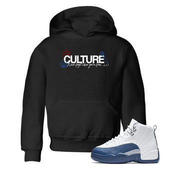 Culture baby and kids t-shirt crafted for little sneakerheads to shine with the Air Jordan 12 French Blue sneakers, displayed in Black 1.