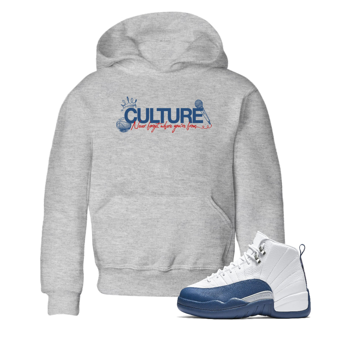Culture baby and kids t-shirt crafted for little sneakerheads to shine with the Air Jordan 12 French Blue sneakers, displayed in Heather Grey 1.