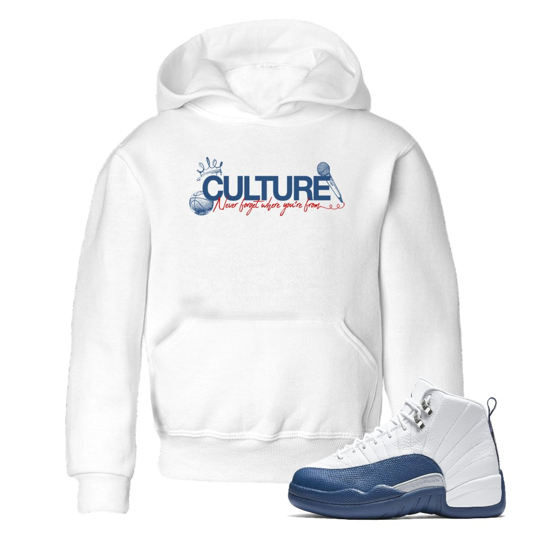 Culture baby and kids t-shirt crafted for little sneakerheads to shine with the Air Jordan 12 French Blue sneakers, displayed in White 1.
