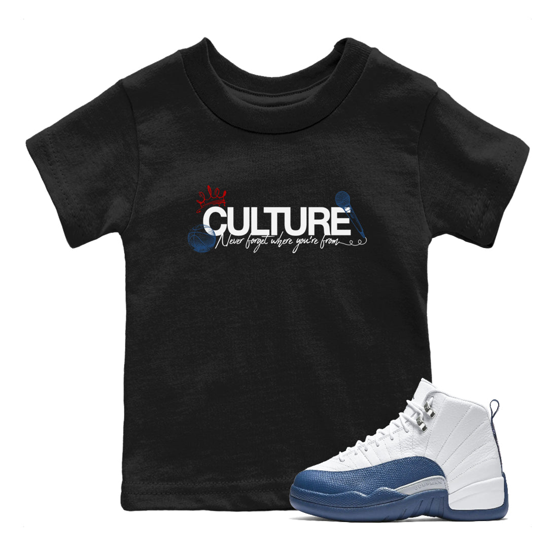 Culture baby and kids t-shirt crafted for little sneakerheads to shine with the Air Jordan 12 French Blue sneakers, displayed in Black 1.