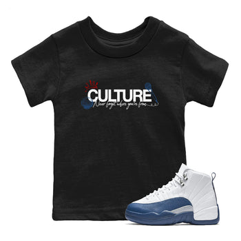 Culture baby and kids t-shirt crafted for little sneakerheads to shine with the Air Jordan 12 French Blue sneakers, displayed in Black 1.