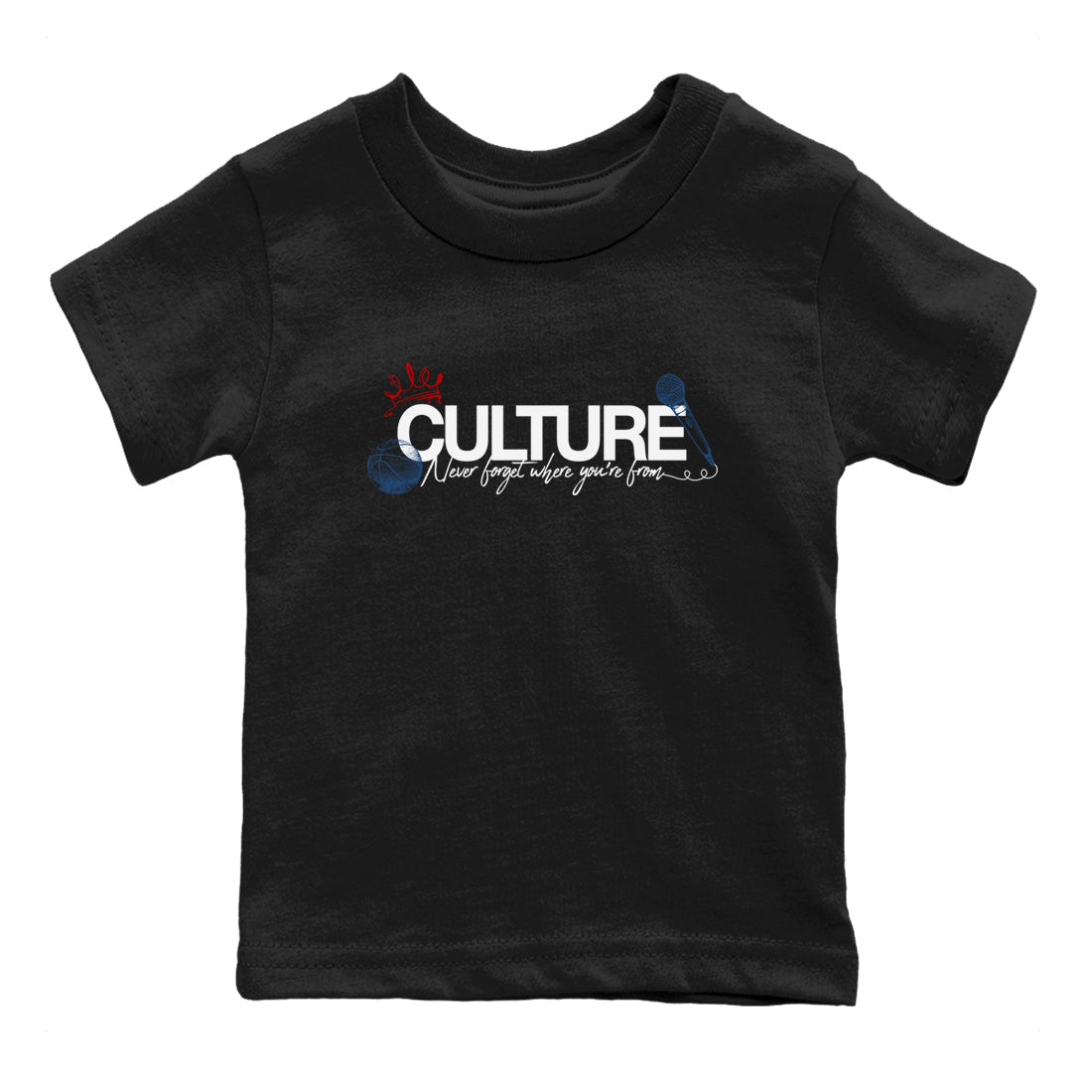 Culture baby and kids t-shirt crafted for little sneakerheads to shine with the Air Jordan 12 French Blue sneakers, displayed in Black 2.