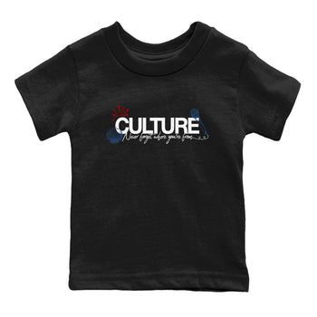Culture baby and kids t-shirt crafted for little sneakerheads to shine with the Air Jordan 12 French Blue sneakers, displayed in Black 2.