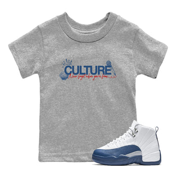 Culture baby and kids t-shirt crafted for little sneakerheads to shine with the Air Jordan 12 French Blue sneakers, displayed in Heather Grey 1.