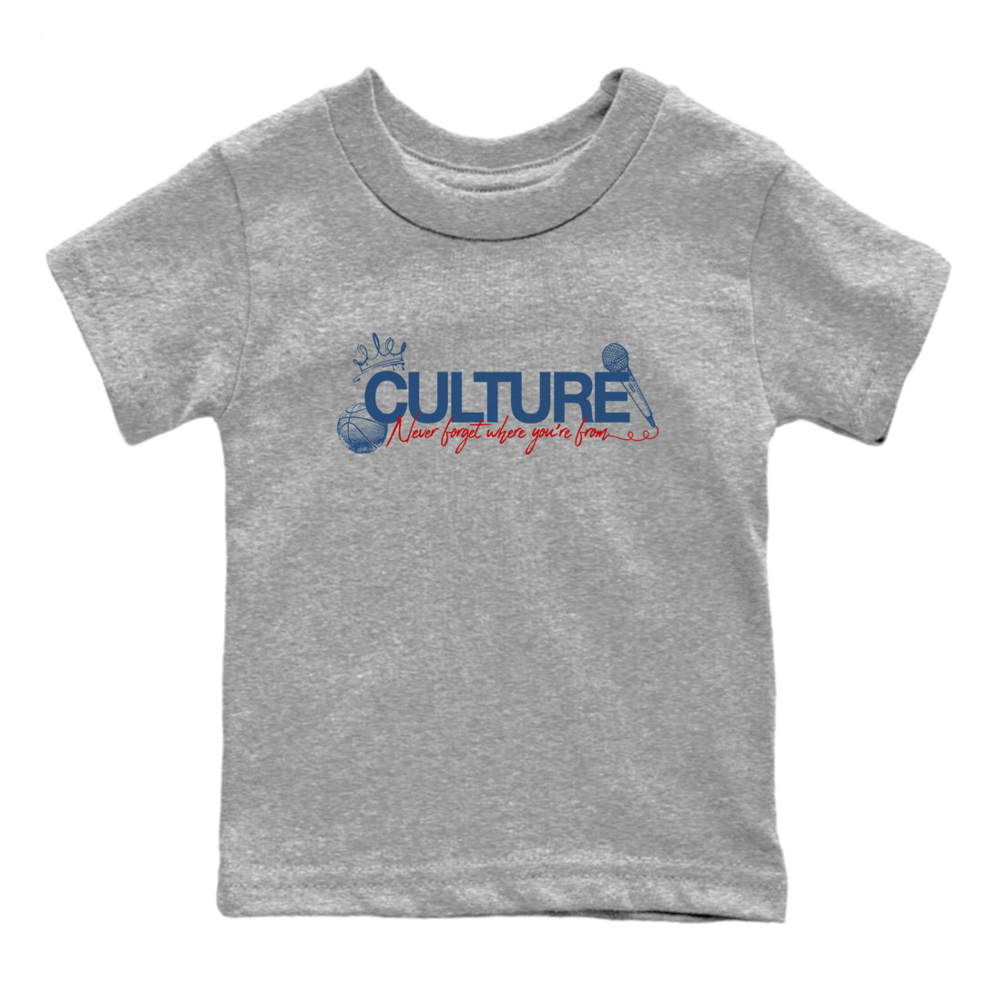 Culture baby and kids t-shirt crafted for little sneakerheads to shine with the Air Jordan 12 French Blue sneakers, displayed in Heather Grey 2.
