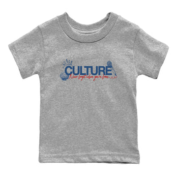 Culture baby and kids t-shirt crafted for little sneakerheads to shine with the Air Jordan 12 French Blue sneakers, displayed in Heather Grey 2.