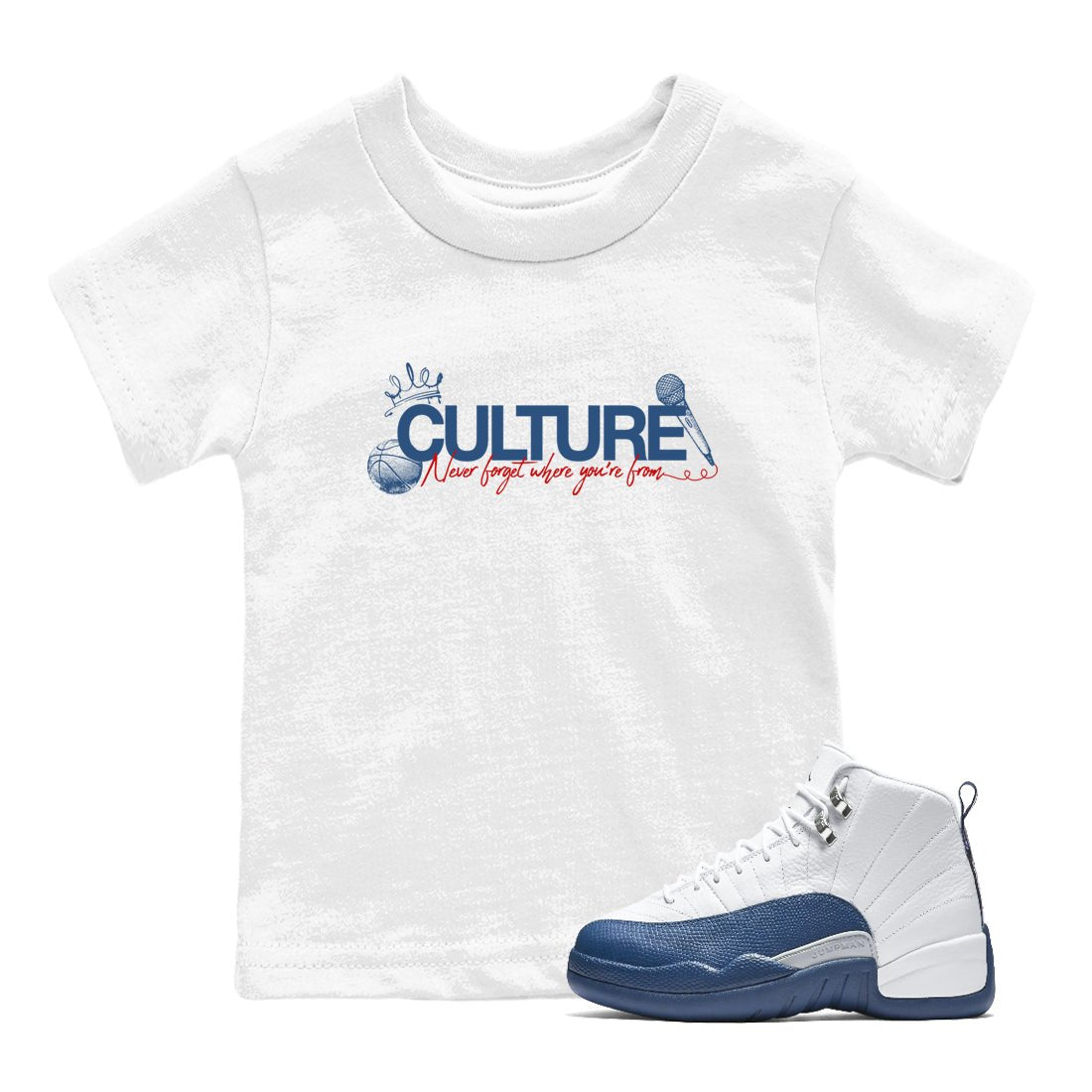 Culture baby and kids t-shirt crafted for little sneakerheads to shine with the Air Jordan 12 French Blue sneakers, displayed in White 1.