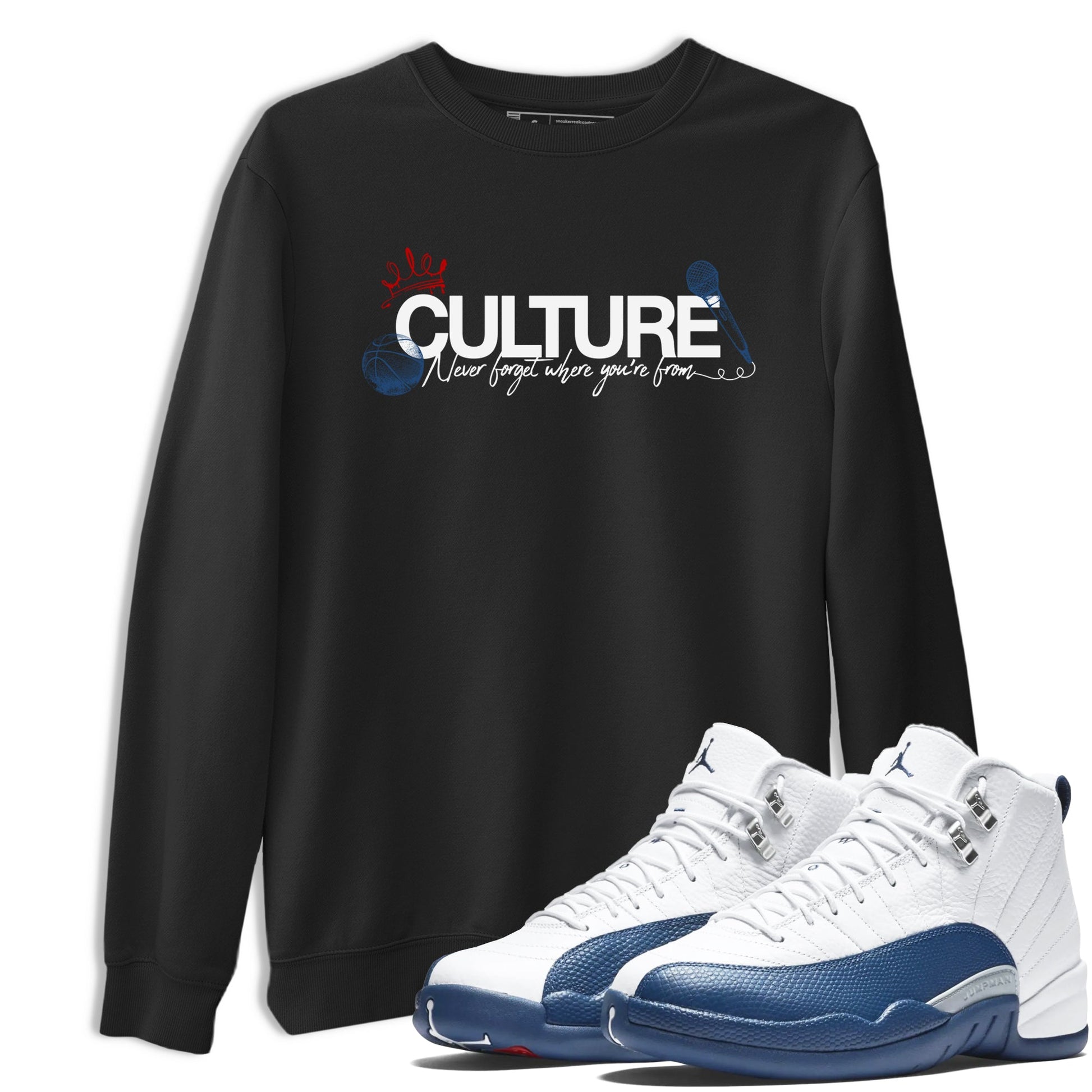 Culture sneaker match t-shirt styled to complete your fit with the Air Jordan 12 French Blue sneakers, shown in Black 1.