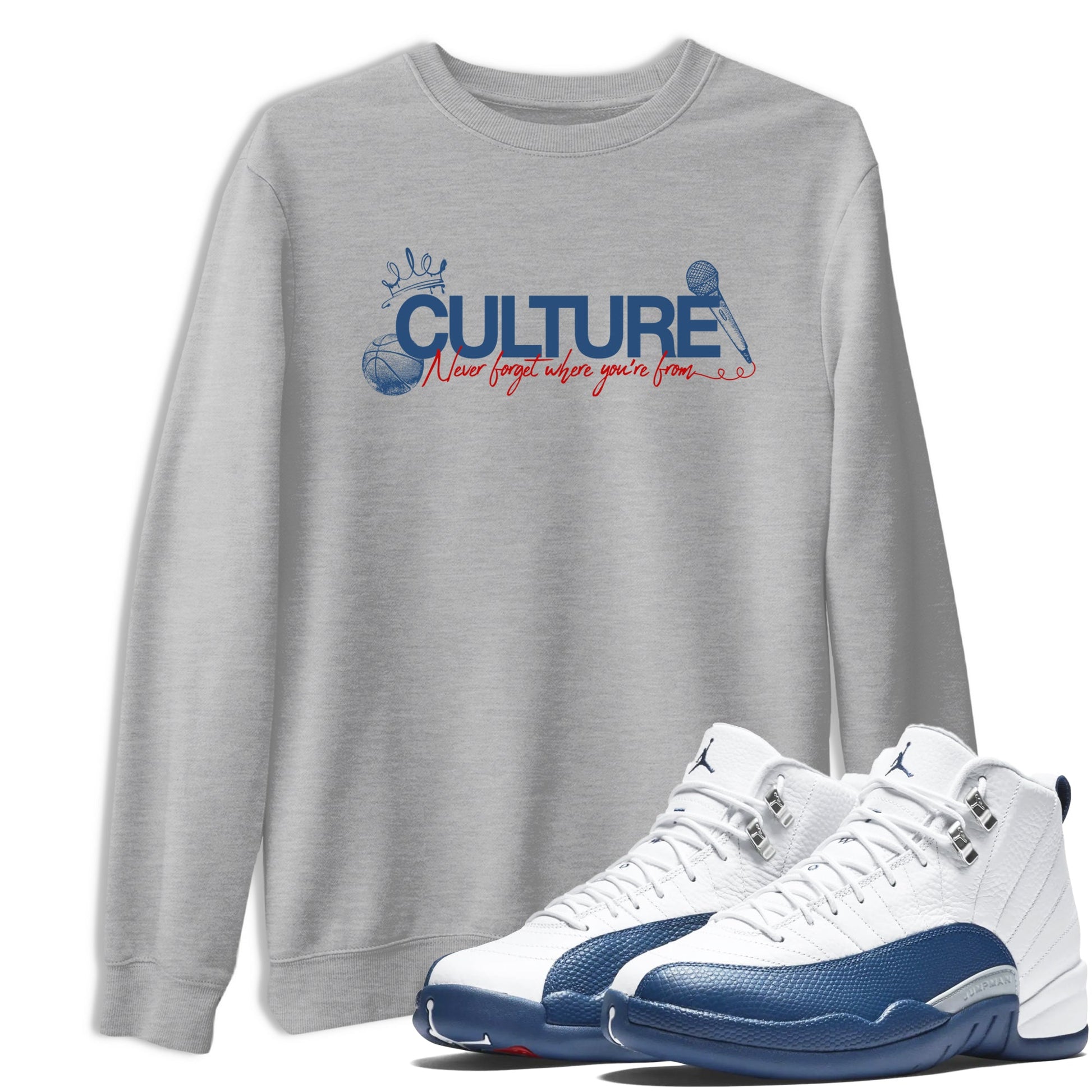 Culture sneaker match t-shirt styled to complete your fit with the Air Jordan 12 French Blue sneakers, shown in Heather Grey 1.