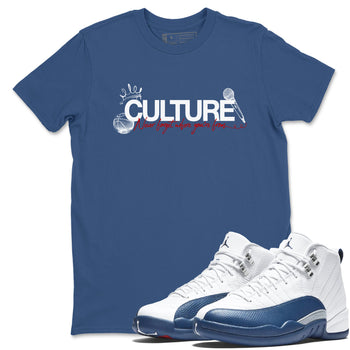 Culture sneaker match t-shirt styled to complete your fit with the Air Jordan 12 French Blue sneakers, shown in Denim Blue 1.