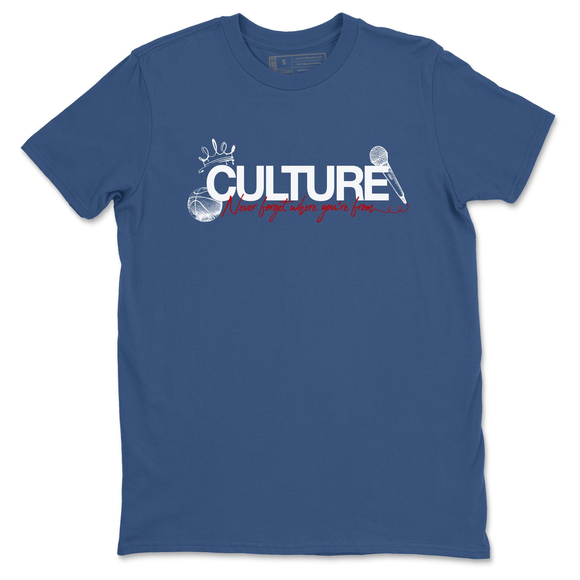 Culture sneaker match t-shirt styled to complete your fit with the Air Jordan 12 French Blue sneakers, shown in Denim Blue 2.
