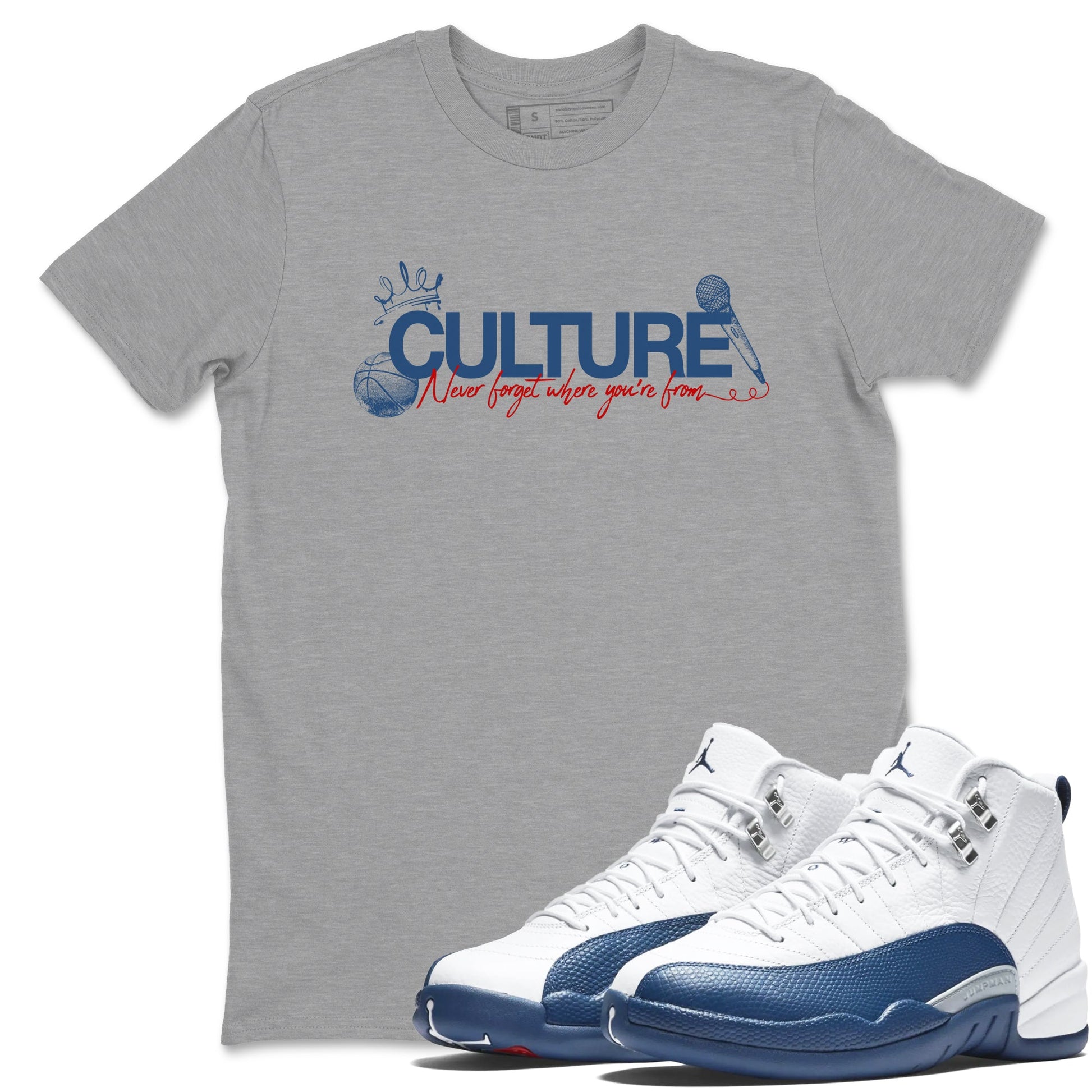Culture sneaker match t-shirt styled to complete your fit with the Air Jordan 12 French Blue sneakers, shown in Heather Grey 1.