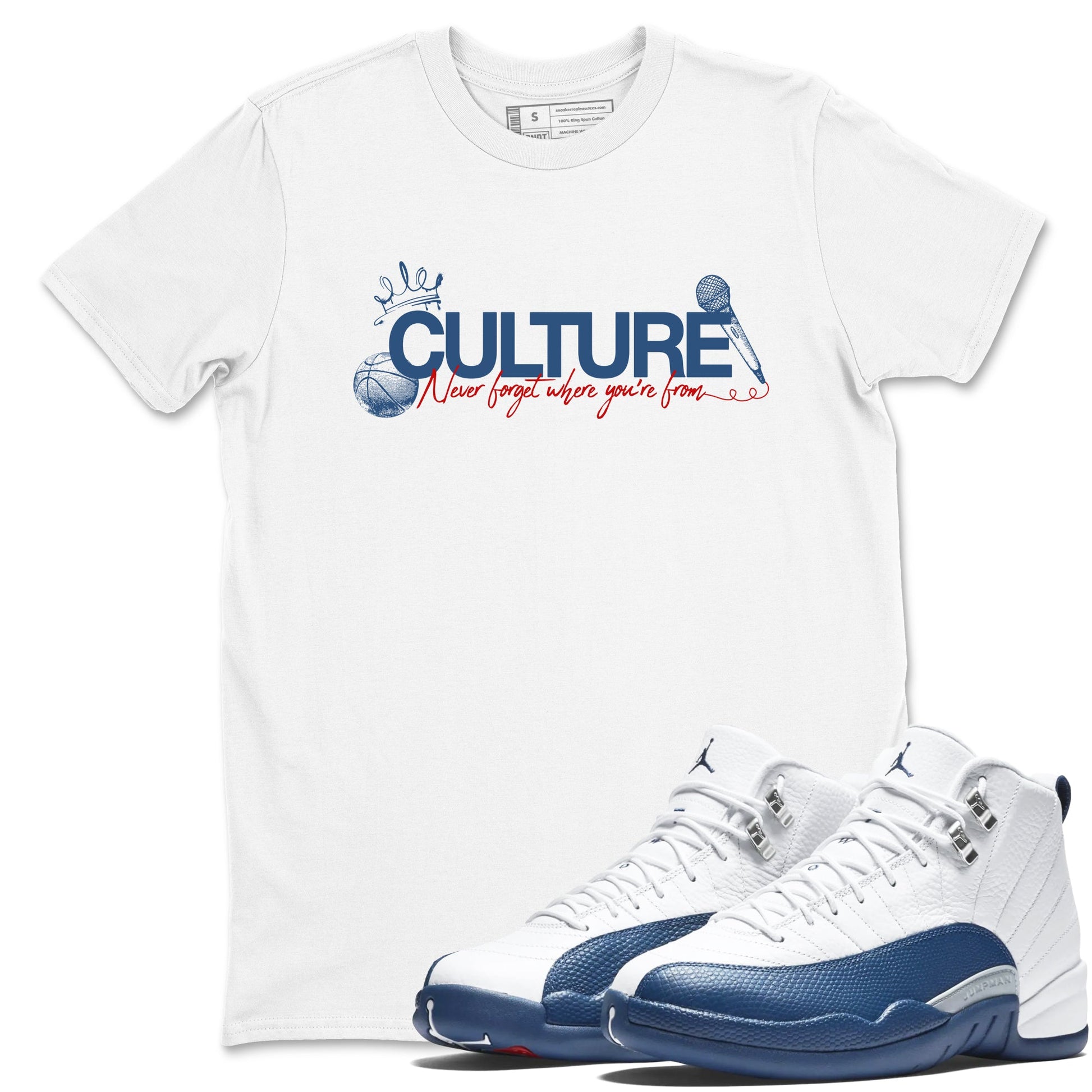 Culture sneaker match t-shirt styled to complete your fit with the Air Jordan 12 French Blue sneakers, shown in White 1.