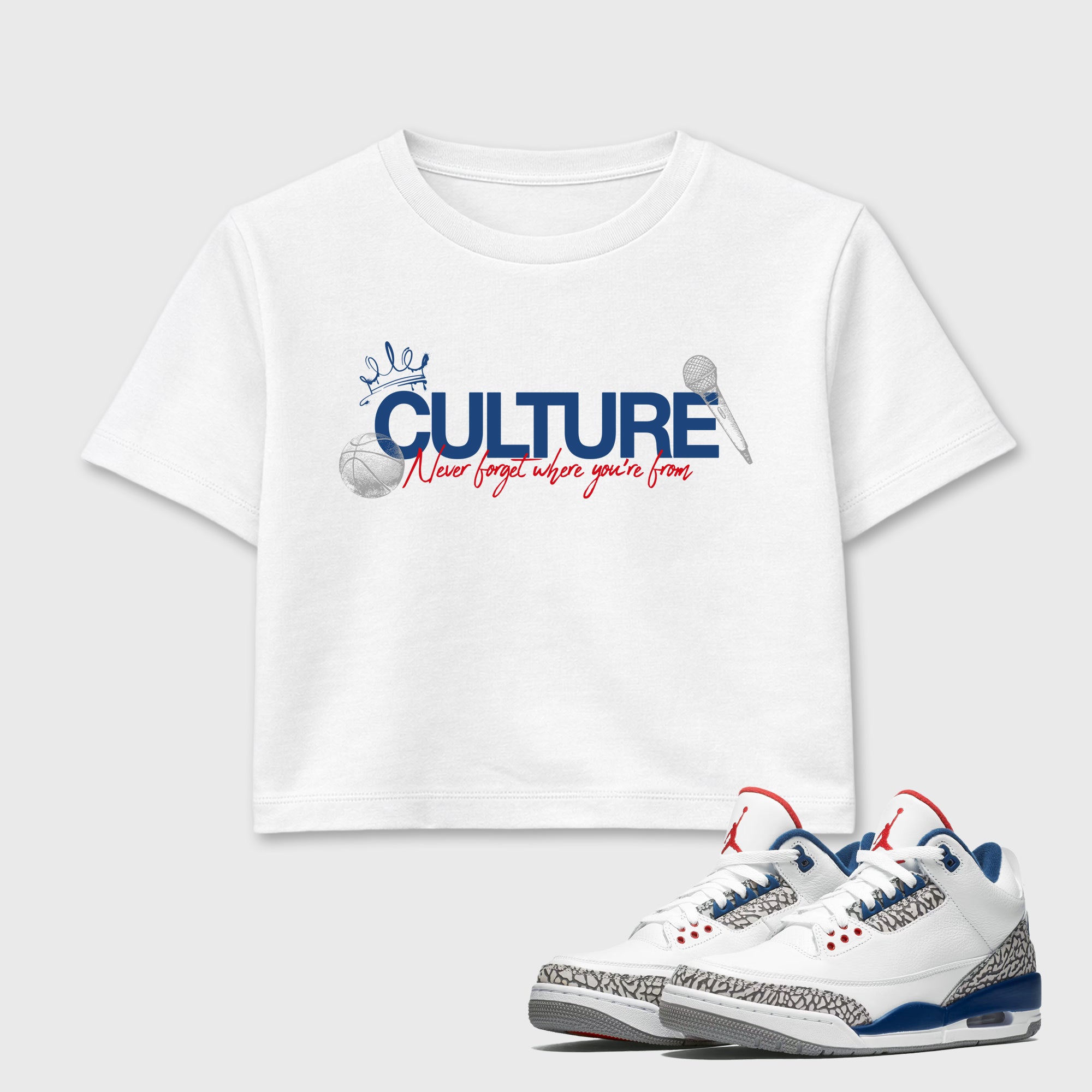 Culture women’s crop tee designed to match the Air Jordan 3 True Blue, featuring coordinated White 1 options for a perfect streetwear vibe.