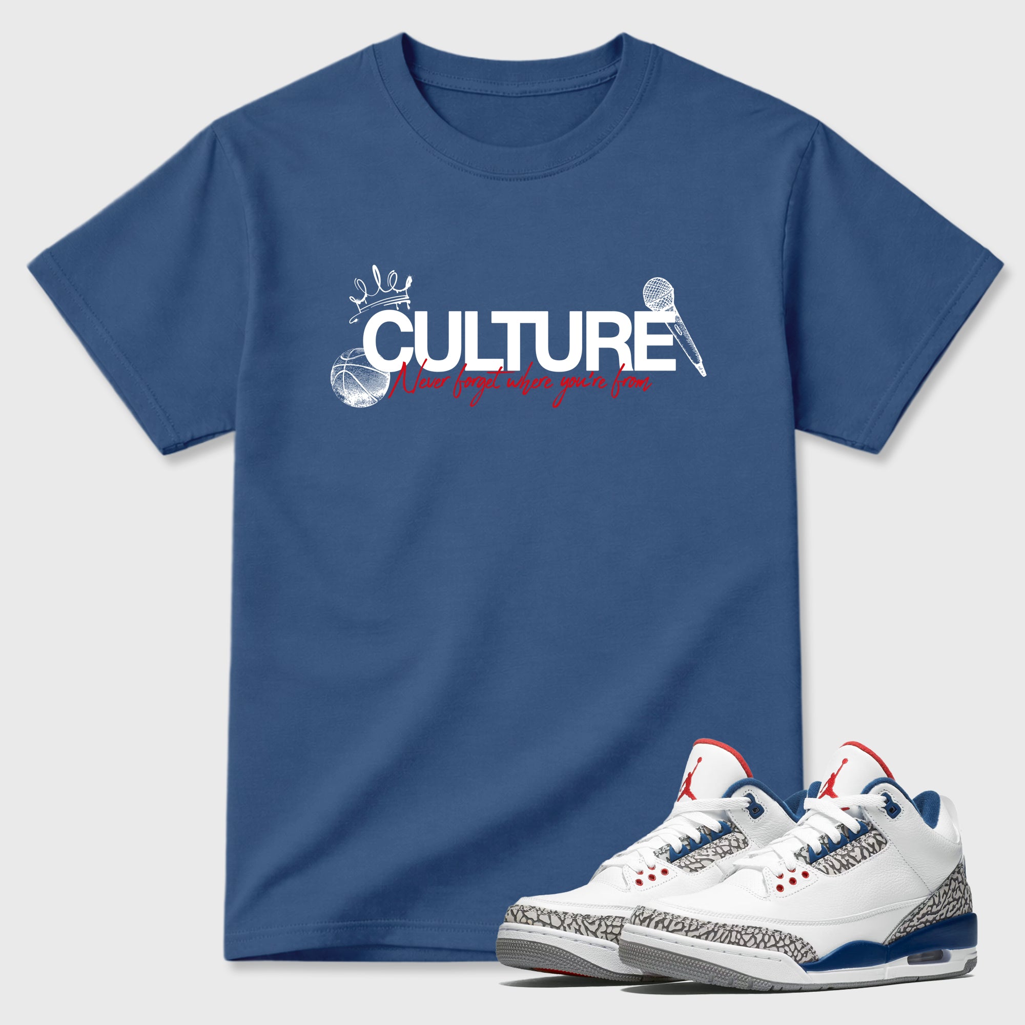 Culture Graphic T-Shirt featuring original streetwear artwork designed to match the Air Jordan 3 True Blue. Denim Blue 1 Graphic T-Shirt.