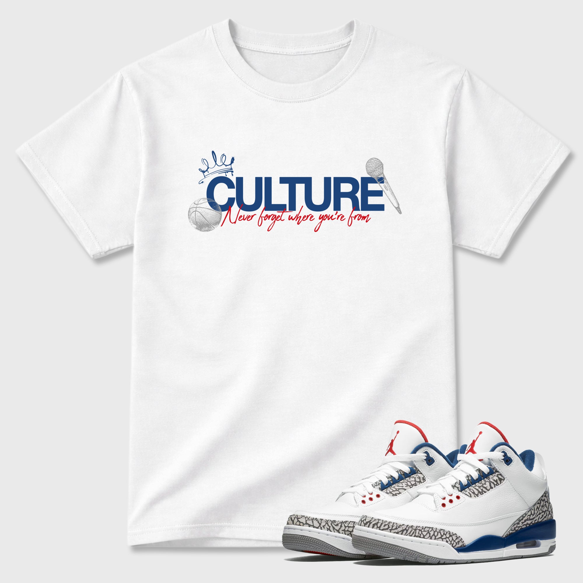 Culture Graphic T-Shirt featuring original streetwear artwork designed to match the Air Jordan 3 True Blue. White 1 Graphic T-Shirt.