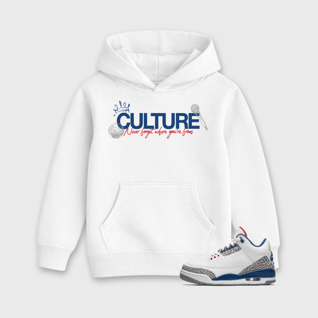 Culture Baby & Kids Graphic Hoodie featuring original artwork designed to match the Air Jordan 3 True Blue. White 1 Kids Graphic Sweater.