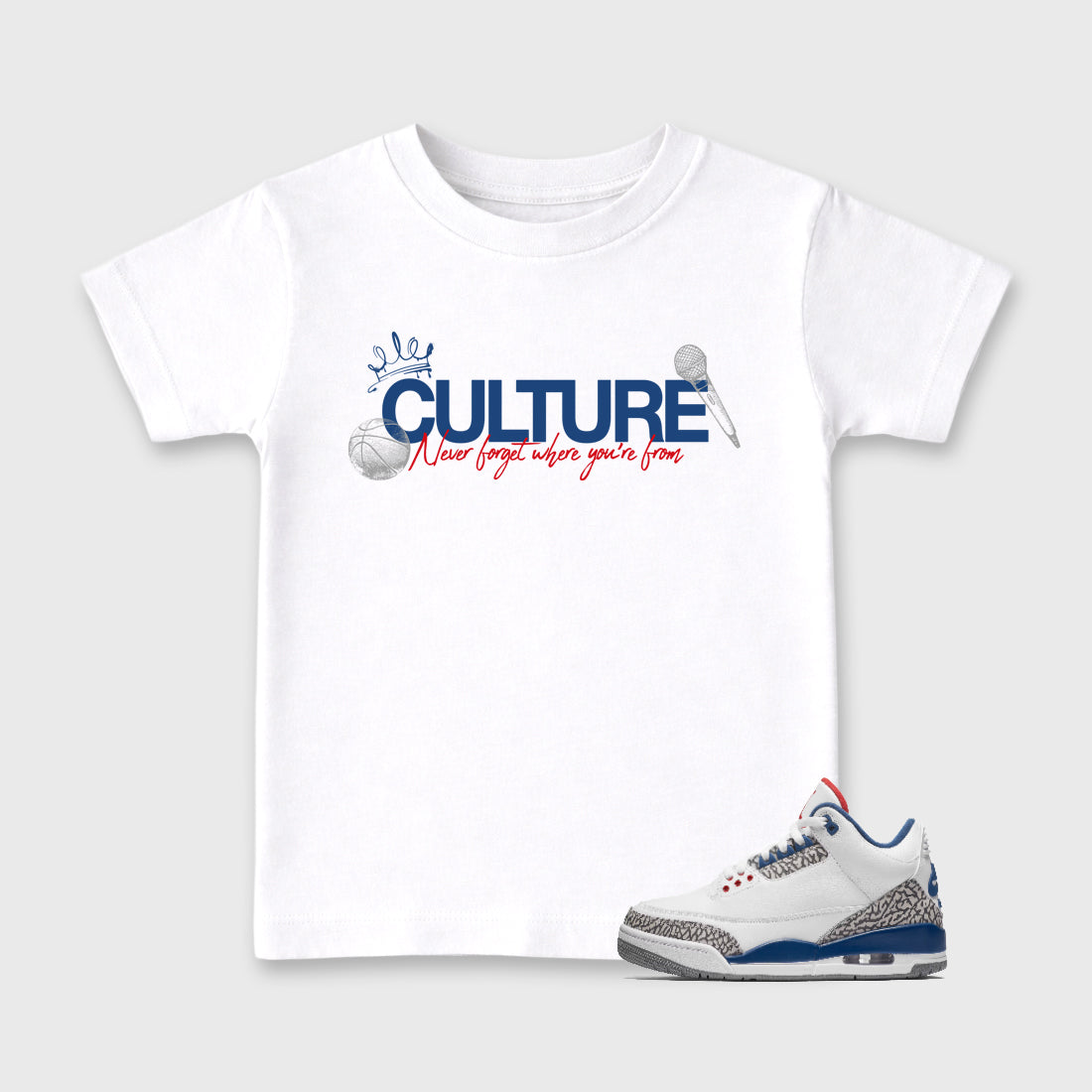 Culture Baby & Kids Graphic T-Shirt featuring original artwork designed to match the Air Jordan 3 True Blue. White 1 Kids Graphic Tee.